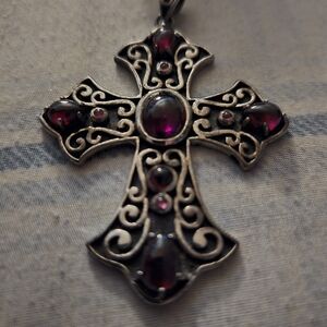 Elegant Silver Cross Pendant with Red Accents